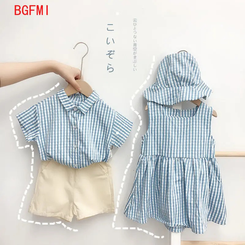 Brother and Sister outfit Kid Children Plaid Summer Clothes Baby Boy short sleeve shirt Shorts suit Girl Dress 250221