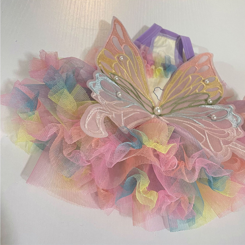 Pet Dog Dress with Big Butterfly Back Decoration, Summer Rainbow Gauze Skirt, Dog Bubble Dress, Suitable for Bichon, Yorkshire Terrier, and Small to M