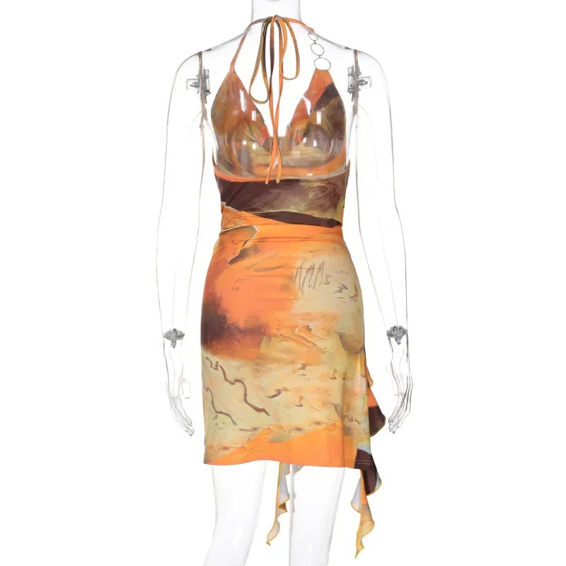 Bandage Halter Sexy Y2K Print Cut Out Party Club Mini Ruffles Dress Women Summer Tie Dye Backless Split Evening Dresses Outfits 250225