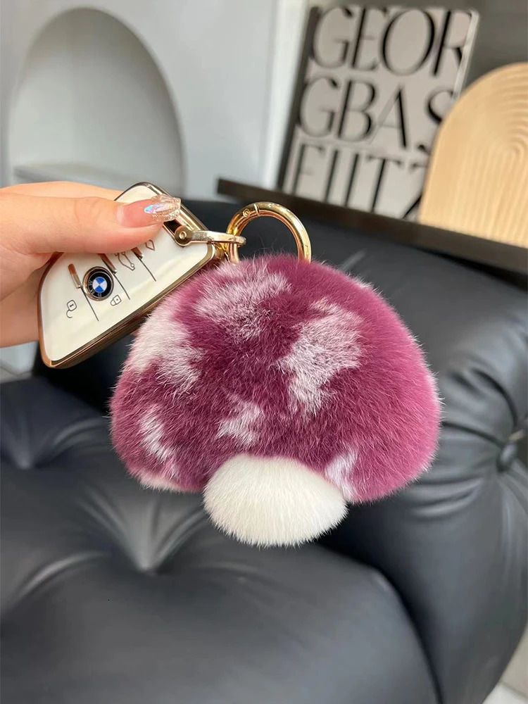Cute Mushroom Real Rex Rabbit Fur Key Chains Schoolbag Toy Pendant Plush Ball Women Bag Charm Ornaments Car Keyring Gift 250224