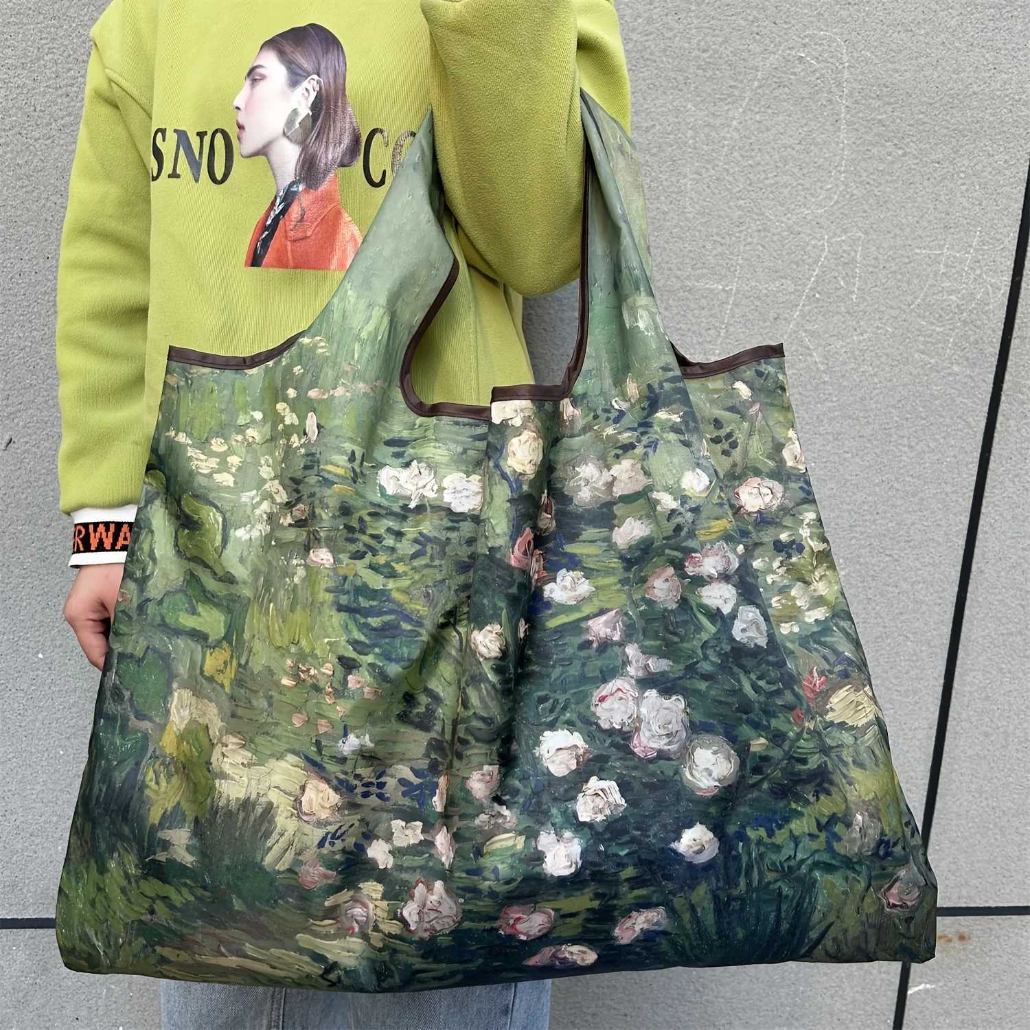 Rose oil spray paint fashion bag foldable shopping bag reusable grocery storage bag nylon portable shoulder bag travel handbag Z250224