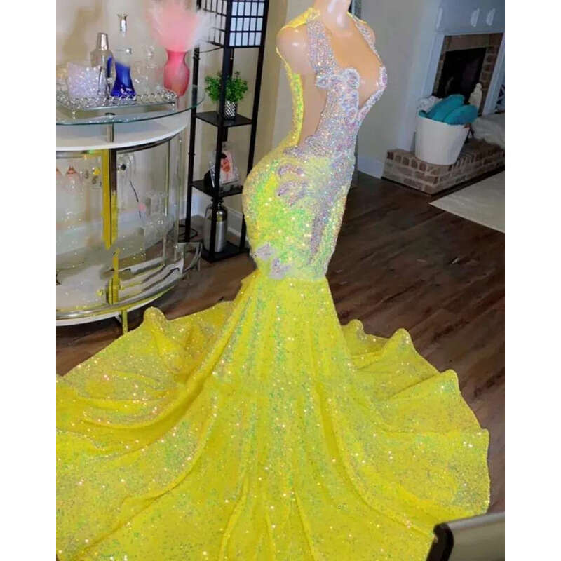 Yellow Prom Dresses For Black Girls 2024 Crystal Mermaid Evening Dress Rhie Sequin Party Gowns Vestidos De Gala