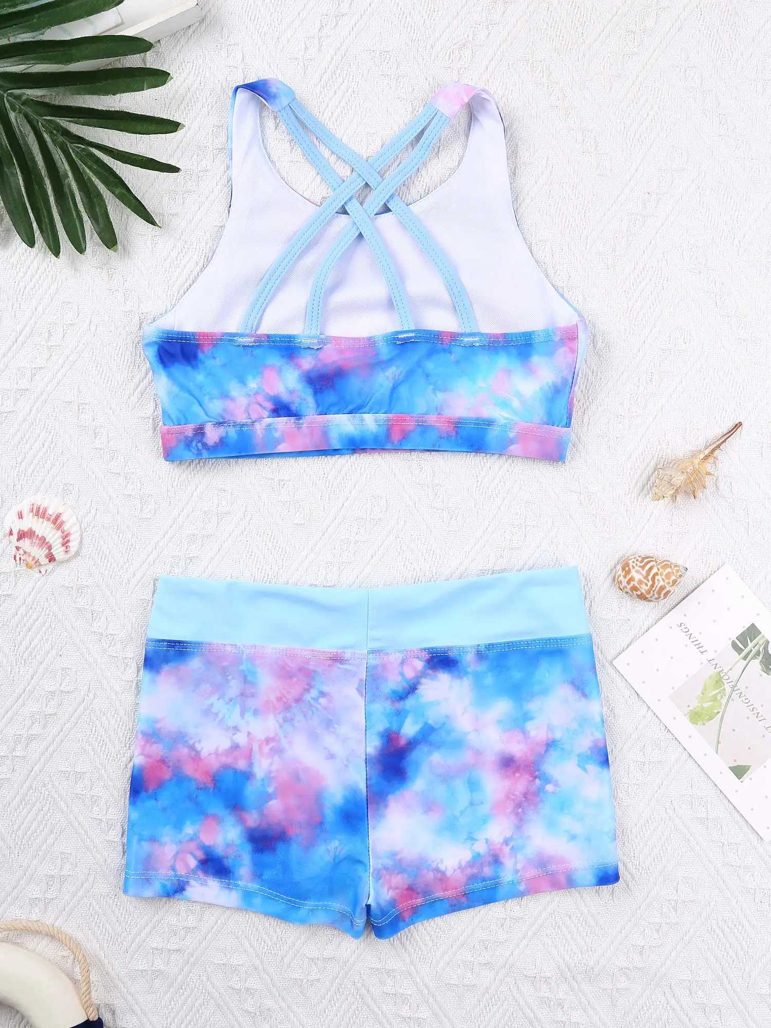 Girls Swimwear 2Pcs Summer Swimsuit Sleeveless Crisscross Back Printed Top+Boyshorts Bottom Kids Bikini sets Children Beach Wear X250224