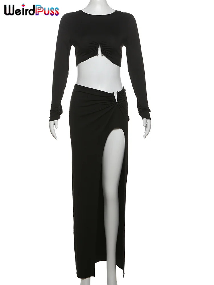 Weird Puss Fall Trend Women 2 Piece Set Chic Metal Buckle Ruched Long Sleeve Crop TopsHigh Split Skirts Skinny Matching Suits 250224