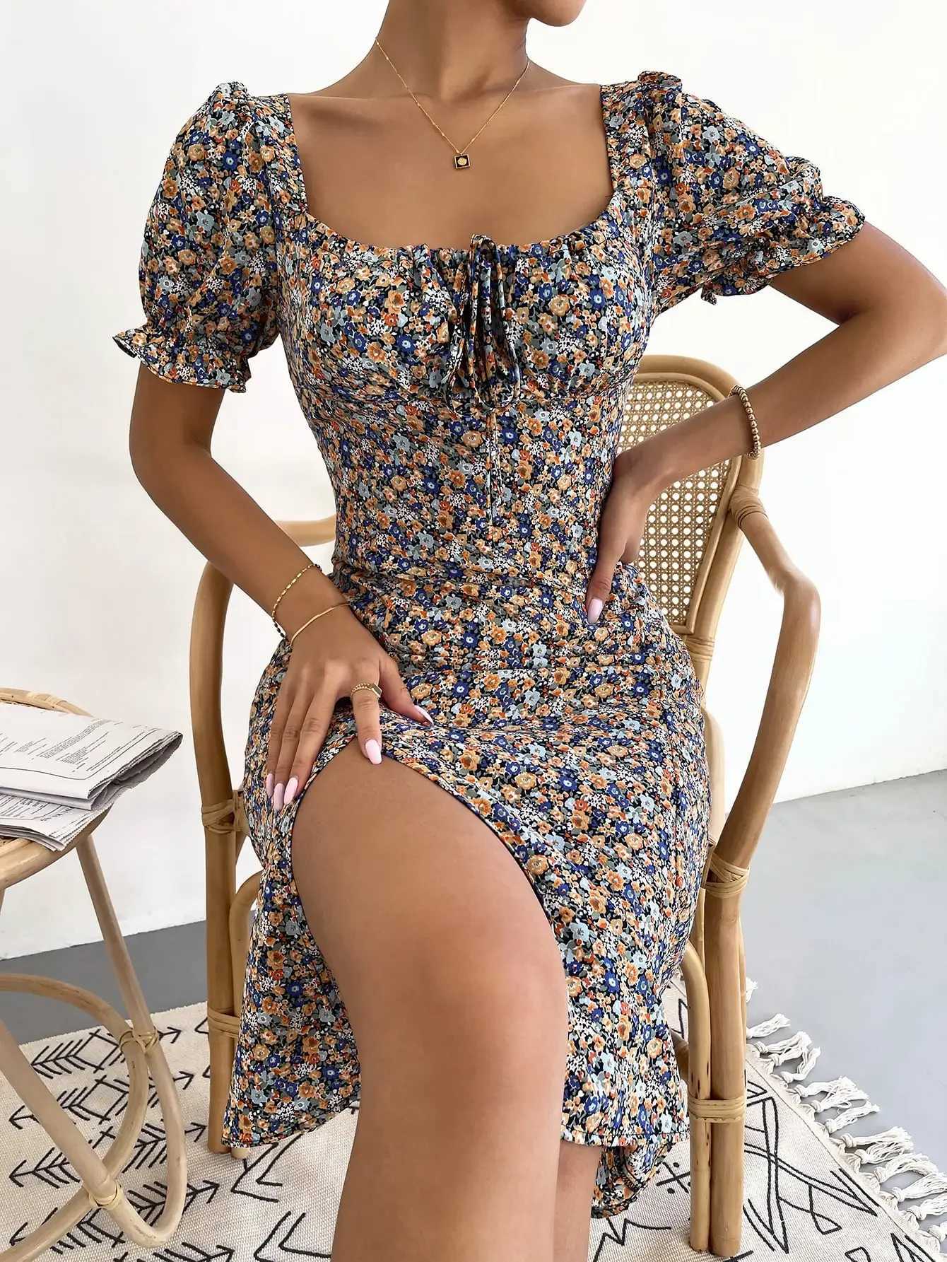 Ele casual womens dress generous collar short sve chest pleated full body printed A-line skirt boho styleXJ250224