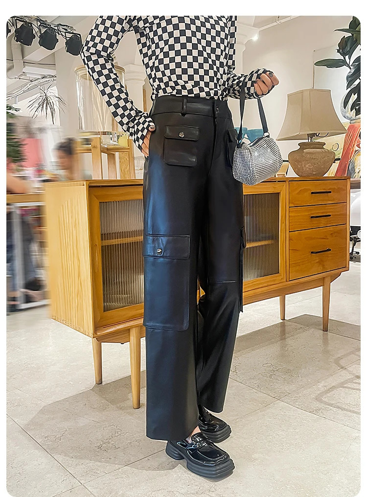 American Safari style genuine leather pants for women high street loose wide leg pants Autumn sheepskin trousers Y4446 250224