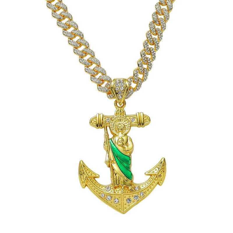 Hip Hop Saint Jude necklace with anchor pendant mens out crystal Cuban chain Hiphop fashion religious jewelry X250224