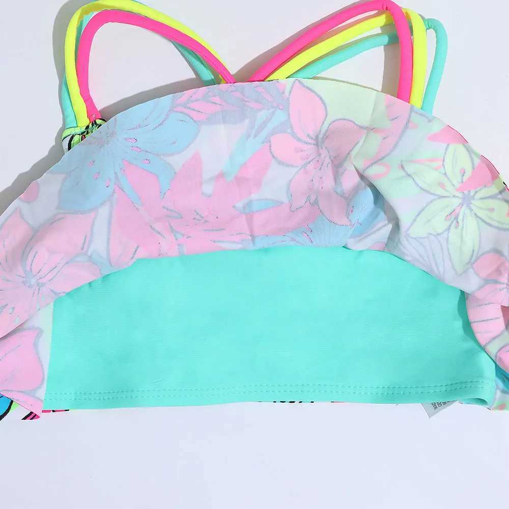 4-18 Years Flounce Girl Swimsuit Kids Tropical Floral Two Piece Childrens Swimwear Crochet Strap Bikini Set Girls Bathing Suits X250224