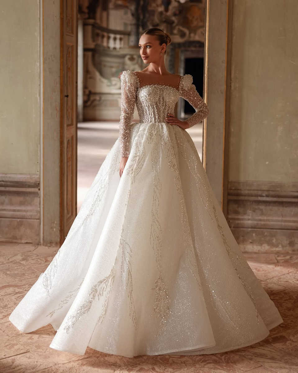 Classic A Line Women Wedding Dress Sheer Neck Long Sleeves Backless Bridal Gowns Sequins Lace Sweep Train Dress Custom Made