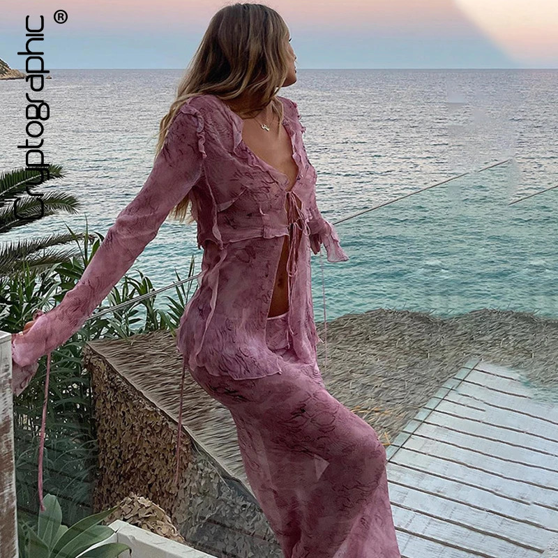Cryptographic Fashion Co-ords Set Club Outfits Print Y2K Mesh Sheer Long Sleeve Tie Front Blouse Shirts Maxi Skirt Matching Sets 250224