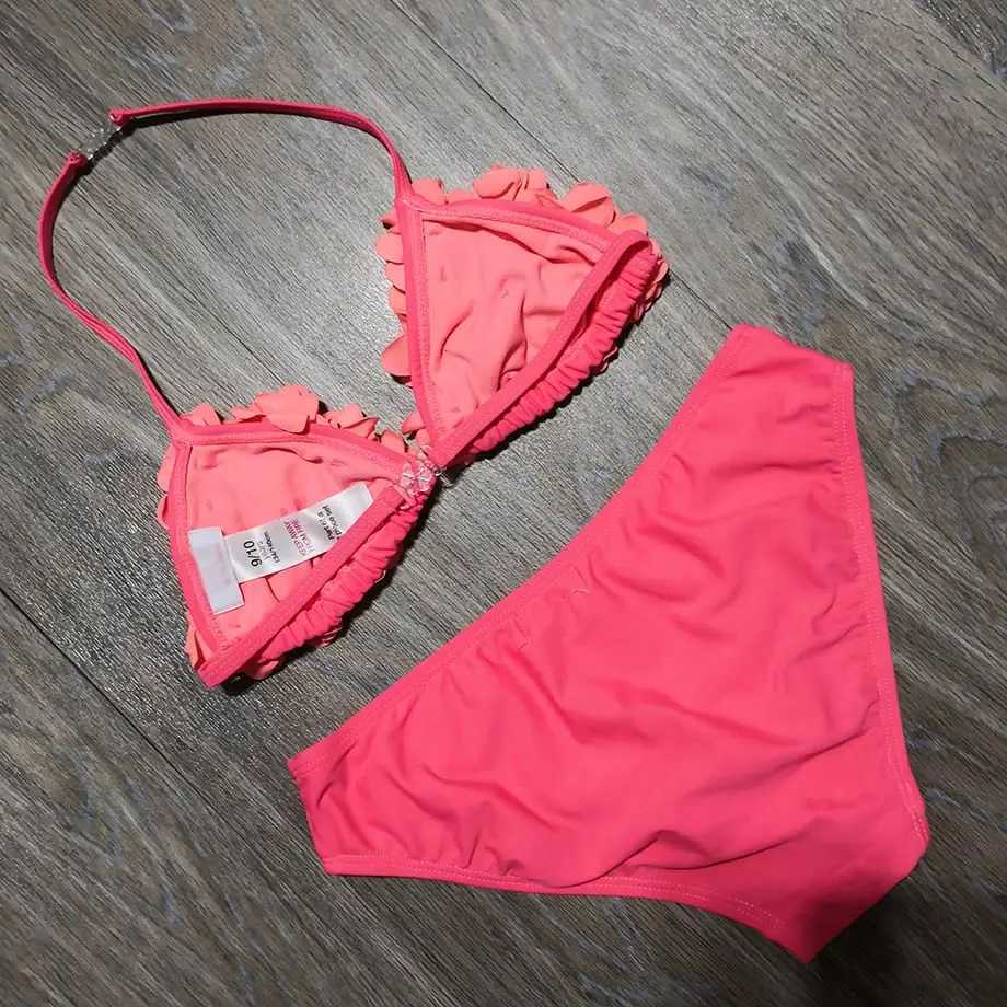 8-14 Years Childrens Two Piece Swimwear Pink Baby Girl Bikini 3D Flower Girl Swimsuit Kids Teenager Girl Bathing Suit Swim Wear X250224