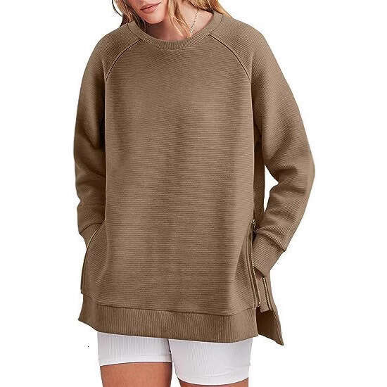 European And American Women's Round Neck Pullover, Side Zipper Casual Loose Long Sleeved Sweatshirt