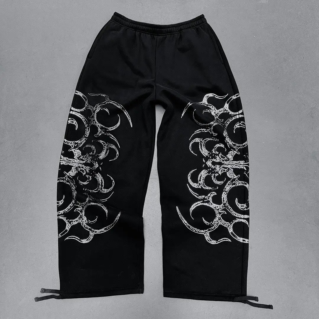 Y2k Gothic Style Mens Suit Black Print Zipper Hooded Sweatshirt Simple Cotton Hip Hop Large Size Loose Print Jogger Pants Unisex 250225