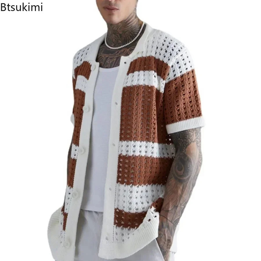 Fashion Striped Patchwork Knitted Shirts for Men Summer Short-sleeved Hollow Out Tops Knit Casual Cardigan Male Streetwear 250222