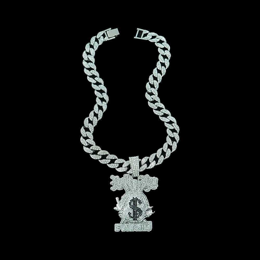 2024 New style d out 15mm big cuban chain punk alloy and fl bling rhinestone cartoon money bag pendant necklace X250224