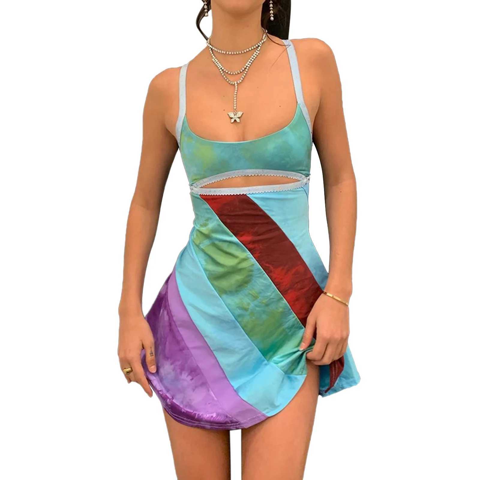 2024 Womens Y2K Thin Sveless Suspender Short Skirt Summer New Fashion Color Matching Versatile Mini DressXJ250224