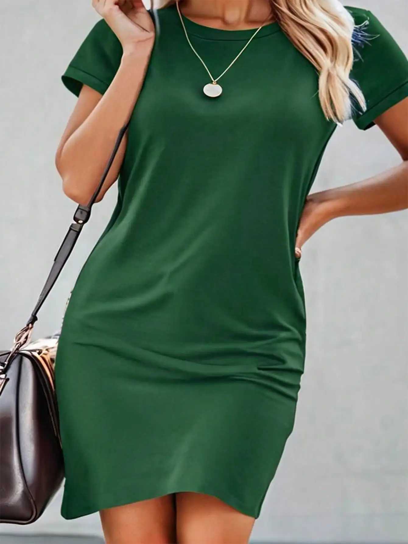Summer womens fashionable simple green solid color casual slim fit short Sve round neck mini dress 2024 new itemXJ250224