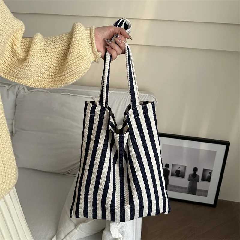 literary handbag simple striped canvas bag large capacity shoulder bag Z250224