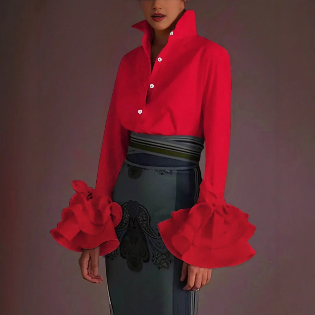 Womens Shirt Elegant Plain Mock Neck Tie Arm Trumpet Sleeve Shirt Office Lady Blue Fashion High Quality Long Sleeve Blouse 240805