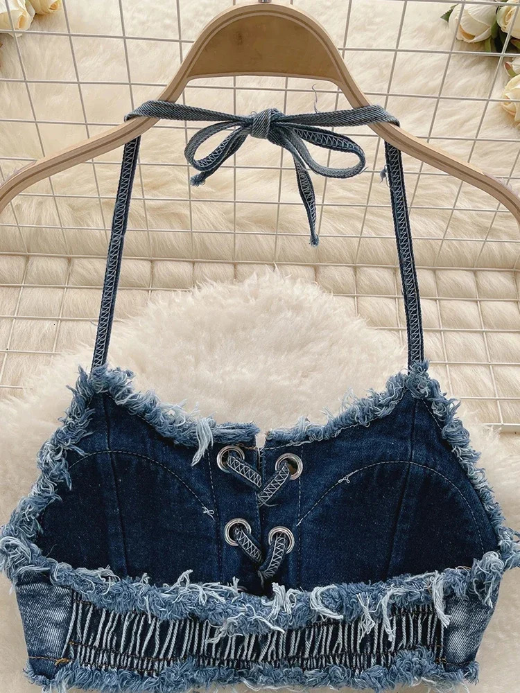 OIINAA Bathing Suit Women Sexy Denim Suits Bikini Set Lace Up Drawstring Beachwear 2024 Solid Summer Vintage Two-pieces Swimwear 250224