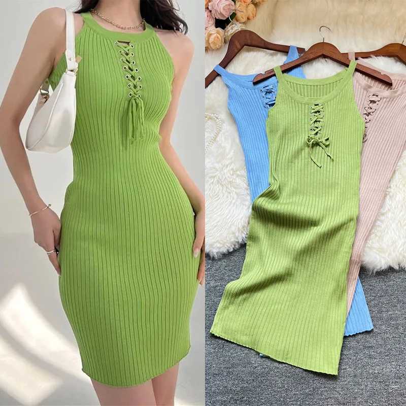 Yuooo Ins hot sexy bandage knitted mini dress summer ultra-thin elastic body womens streetwear sexy bag Hips VestitosXJ250224