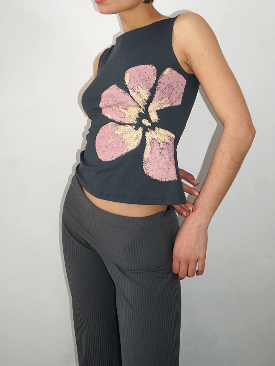 2024 Fashion Womens Crop Tank Tops Fitted Flower Print Boat Neck Sleeveless Summer Tops for Party Club 250224