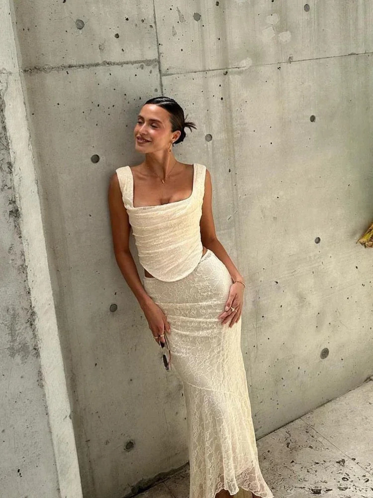 Suninheart Elegant Women 2 Piece Dress Set Maxi Wedding Guest Dress Lace Up Crop Top and Maxi Skirt Set Formal Event Dress 250224