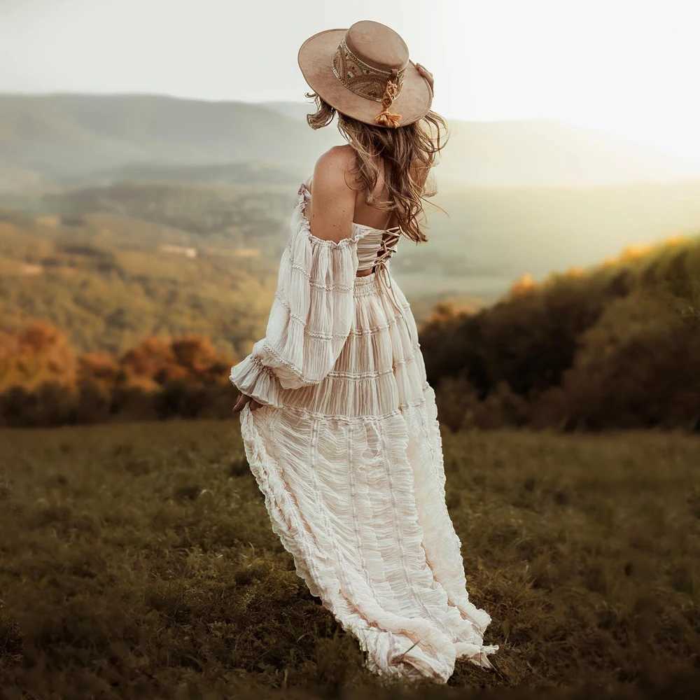 Womens photography dress almond elegant chiffon lace long sleeved dress two-piece set for pregnant womens photo shoot X250224