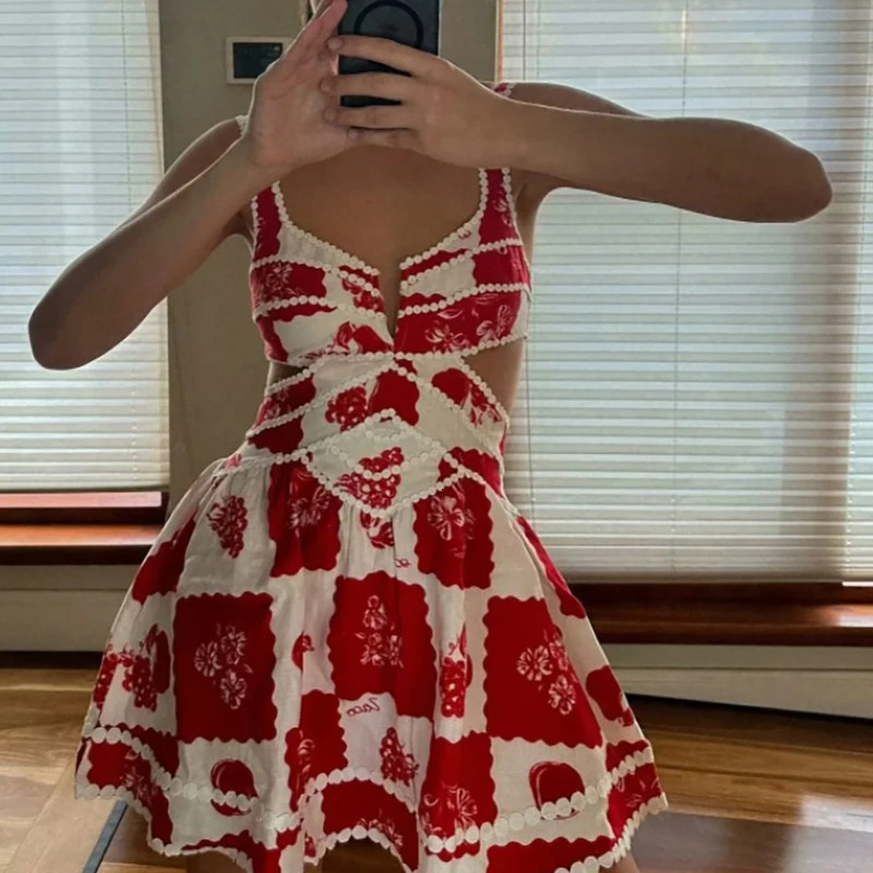 Chic Hollow Out Color Blocked Print Halter Dress Sexy Slim High Waist A-line Party Dress Early Spring Vacation Beach Mini Dress 250225