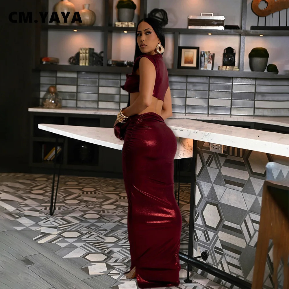 CM.YAYA Women Sets Sleeveless Sexy Irregular Crop Top and Long Straight Skirt Set Street Party Night Club Party 2 Two Piece Sets 250224