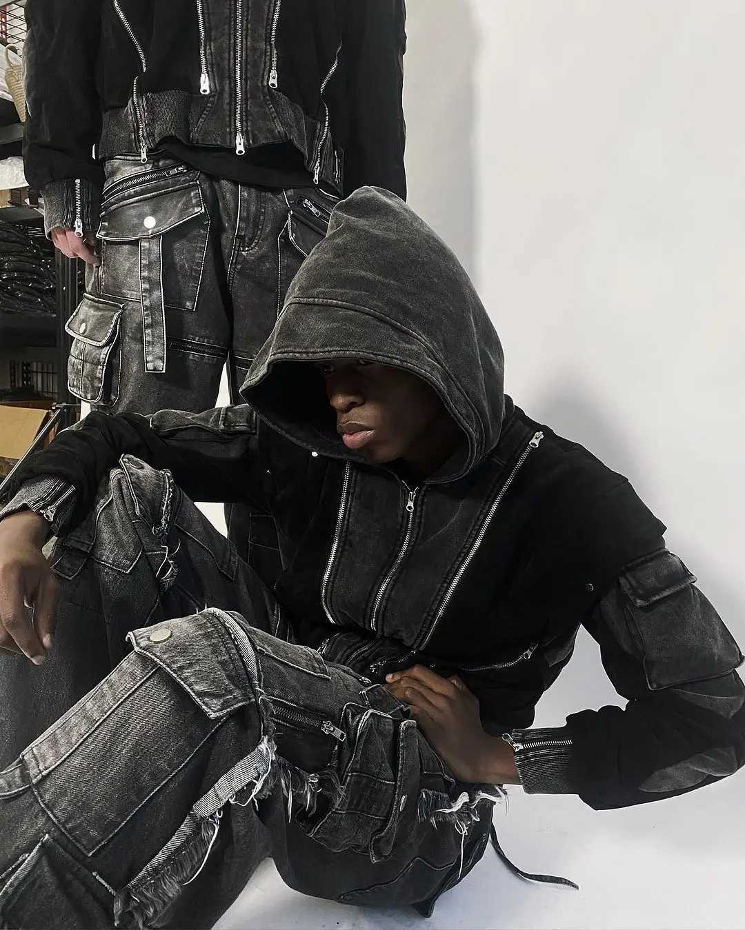 Men's Jeans Gothic Harajuku Y2K multi pocket washed black jeans mens loose drag pants street hip-hop rap 90s spicy girl wide leg pants z250225