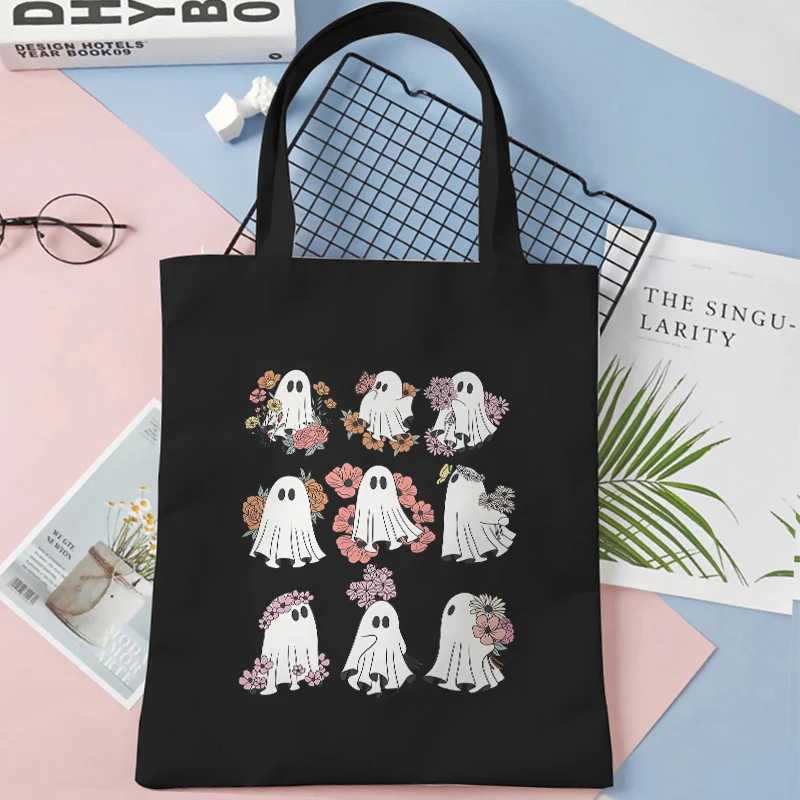 Spooky Season Boo Graphic Handbag Women Casual Canvas Portable Shoulder Bag Cute Halloween Party Shopping Reusable Tote Bag Z250224
