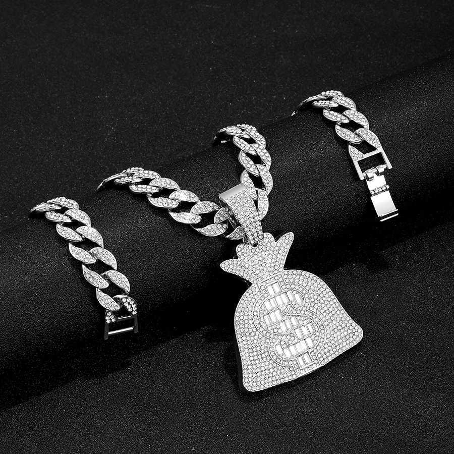 d Out Cuban Chain With Hip Hop Alloy And Bling Rhinestone Big Dollar Bag Pendant Choker Necklace X250224