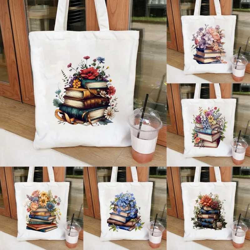 Trendy Floral Book Stacks Design Canvas Tote Bag Large Capacity Durable for Shopping Cosmetics Eco-Friendly Shoulder Handbags Z250224