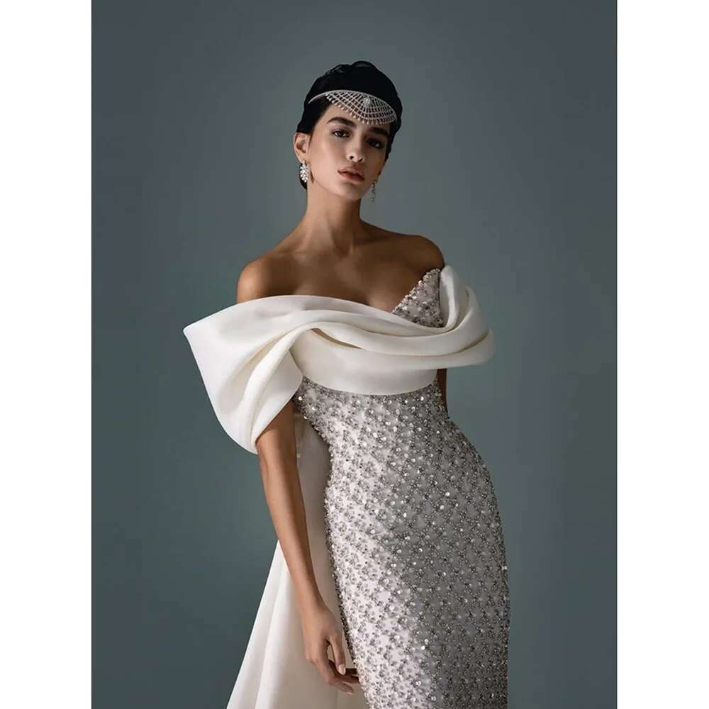 Evening of o with crossed beads sequins fashion off shoulder to floor straight dresses prom party dress