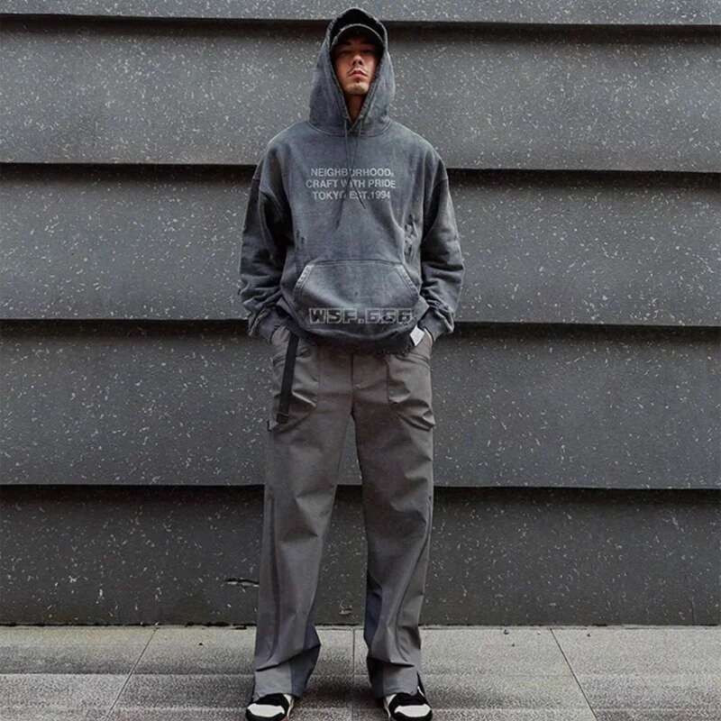 High quality retro washed ink splattered NBHD hoodie with Hole Damage design, loose and casual neighborhood sweatshirt