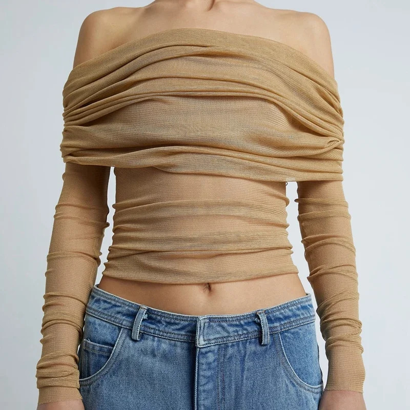 Mesh Sheer Crop Tops Korean Elegant Off the Shoulder T-shirt Chic Women Long Sleeves Slim Fit Cover-Ups Tees 250224