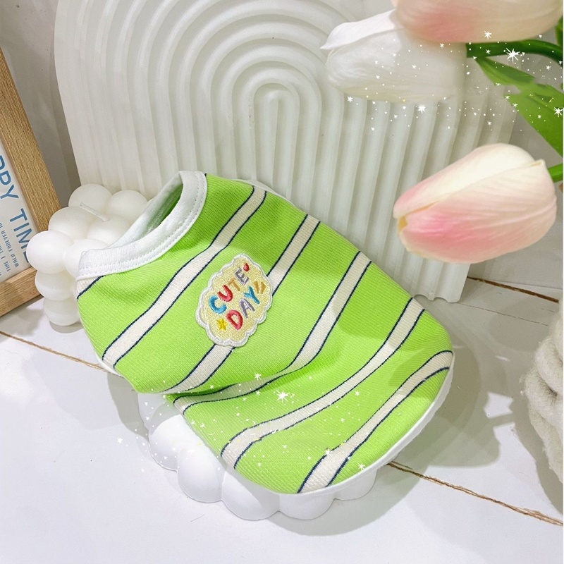 Green White Stripe Cotton Dog Dress with Embroidered Letters,Casual and Comfortable Puppy Dress, Flared Skirt for Pomeranian, Bichon Small Medium Dogs