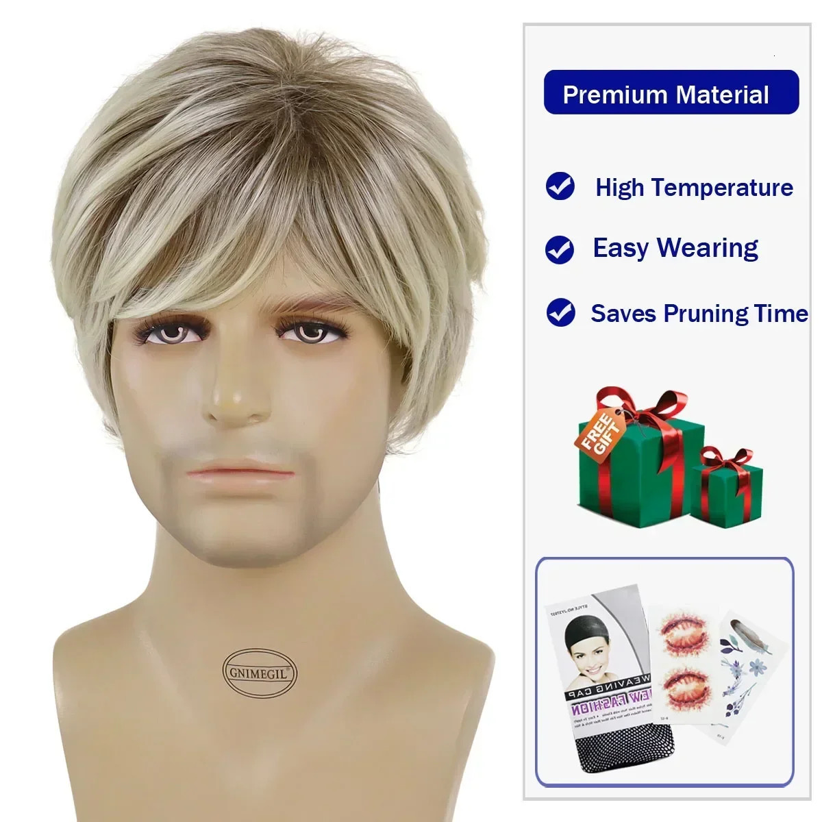 Synthetic Ombre Blonde To Brown Layered Wig with Bangs for Men Short Straight Hair Heat Resistant Natural Daily Party Man Wig 250224