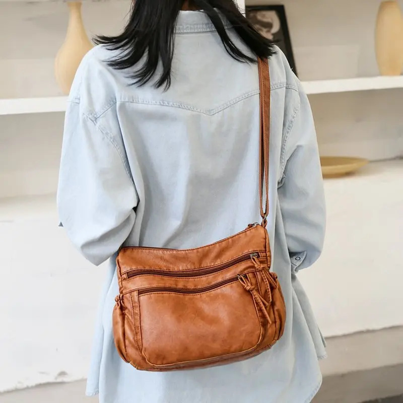 Washing leather womens bag 2024 European and American retro shoulder variable large capacity cross body PU soft 250221
