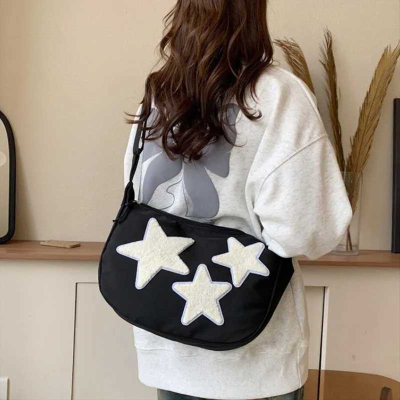 Women Canvas Messenger Shoulder Bag Crossbody Sling Bag Y2k Hobo Bag Pentagram Zipper Satchel Tote Bags Student BookBag Handbag Z250225