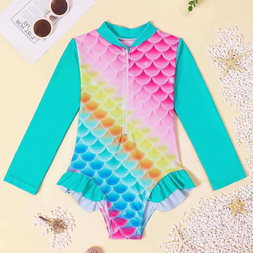 Girls long sleeved swimsuit one-piece swimsuit childrens striped rainbow swimsuit Hawaii beach swimsuit surfing X250224