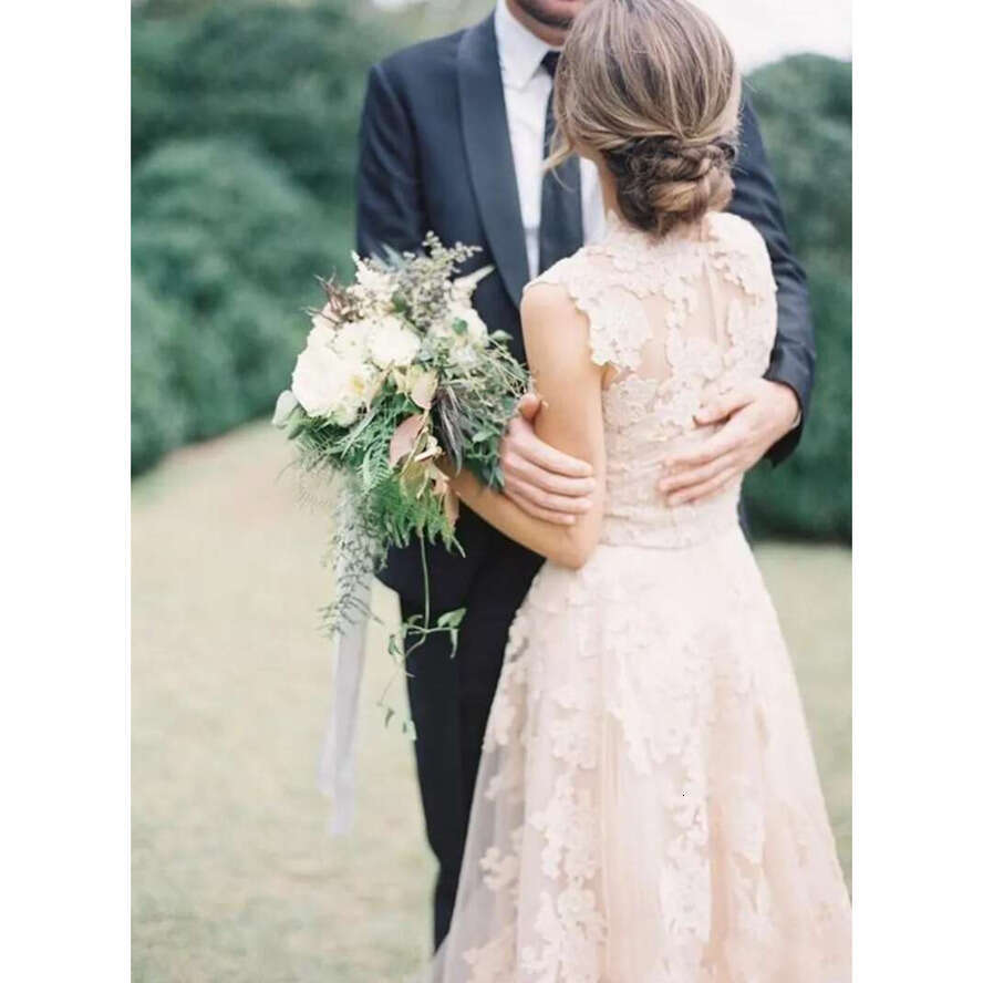 Cheap Blush Pink Country Beach A E Wedding Dresses V Neck Lace Appliques Champagne Tulle Long Sweep Train Reem Acra Formal Bridal Gowns