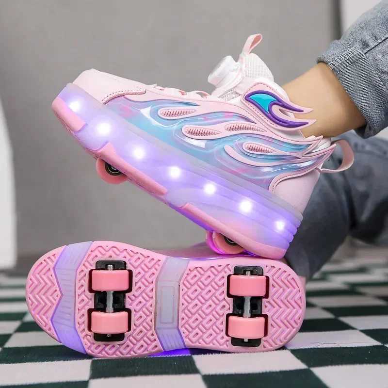 Roller Sneakers Kid Sport Gym Footwear Roller Skates 4 Wheels USB Charge Illuminated Shoes Boys Girls Casual Skateboard Shoes W250225