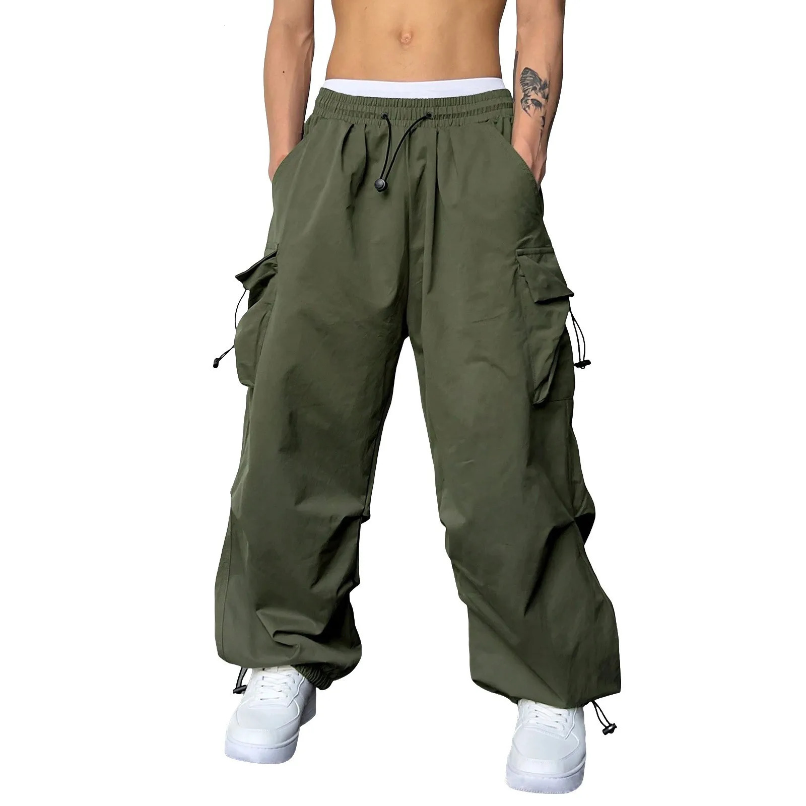 Cargo Pants For Men Baggy Long PantsMenS Parachute Cargo Pants Lightweight Pants Drawstring Loose Fit Hiking Casual Pants 250225