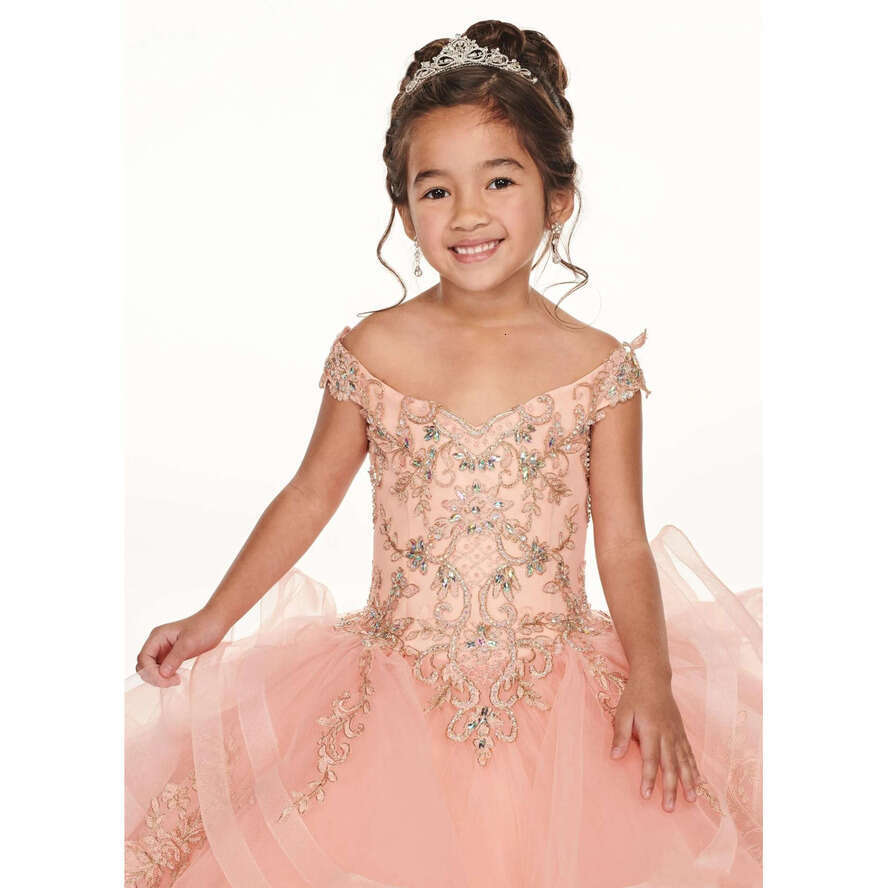 Cheap Royal Blue Peach Girls Pageant Off Shoulder Gold Lace Embroidery Beaded Wer Girl Dresses Kids Wear Birthday Communion Dress