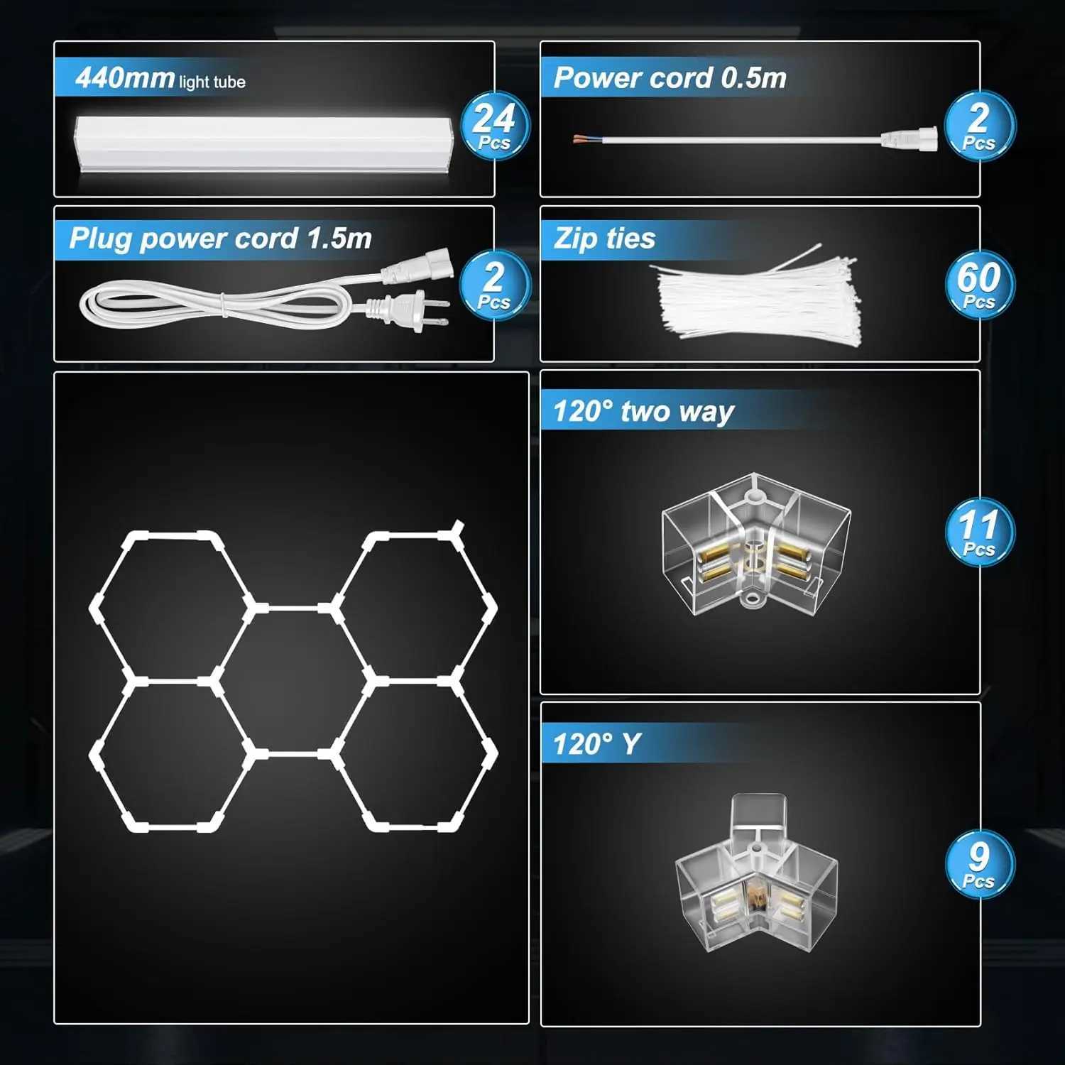 Hexagon Garage Light 25 Pack Car Tubes 6500K Super Bright 6500K Super Bright 192W 23040LM Auto Beauty Shop Gym X250225