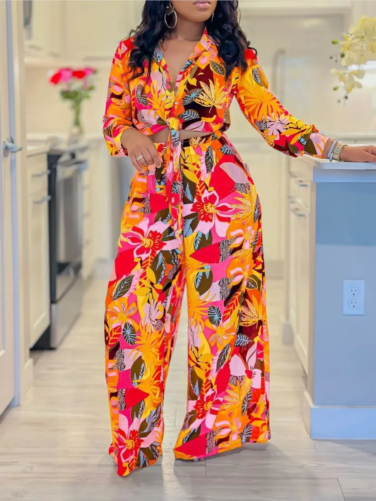 2024 Spring Summer Long Sleeved Printed Suit For Women Fashion Lapel Single Breasted Shirt Wide Leg Trousers Two Piece Set 250224