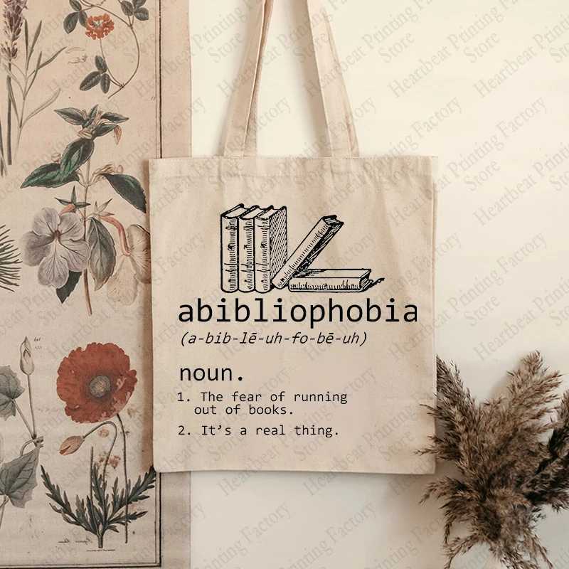 Abibliophobia Pattern Handbag Canvas Shoulder Bag Book Enthusiast Reader Gift Female Reusable Shopping Bag Book Worm Gift Z250224