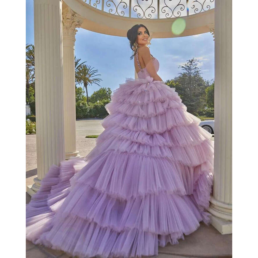 2024 Lavender Tulle Tiered Ruffle Evening Dresses: Deep V Neck Beaded Sleeveless Prom Party Gowns
